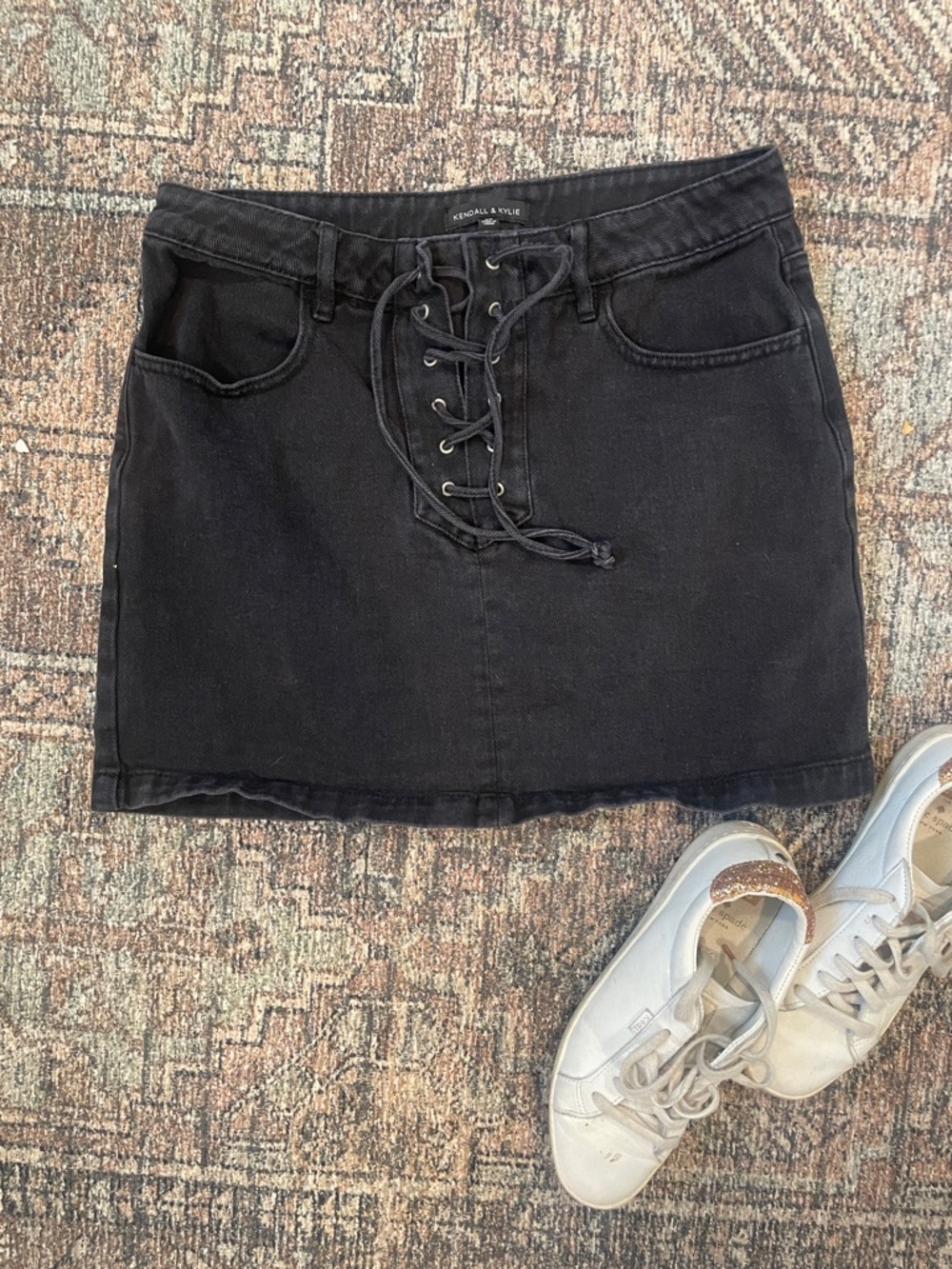 Black Lace Up Denim Mini Skirt Size 8 Y2K High Rise Kendall Kylie